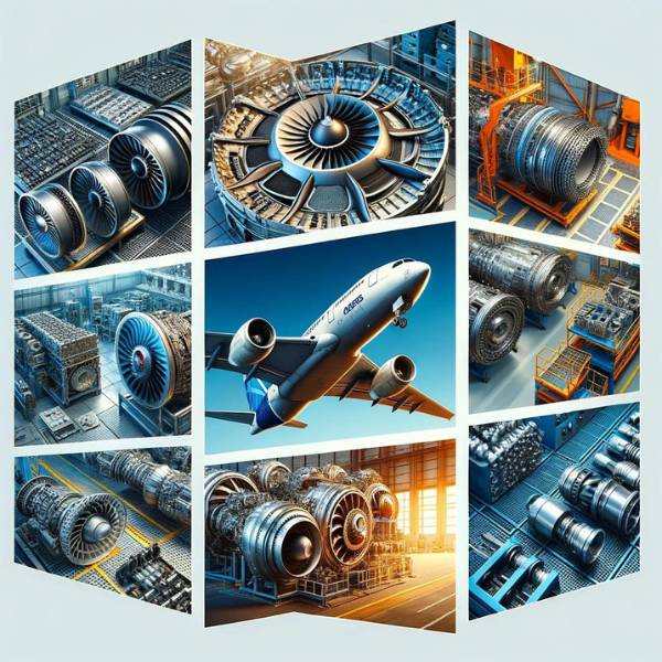 the square image divided into a grid, showcasing Turbine Blades and Vanes, Structural Components of Aircraft, Engine Components, Landing Gear Parts, and Hydraulic and Fuel System Components.