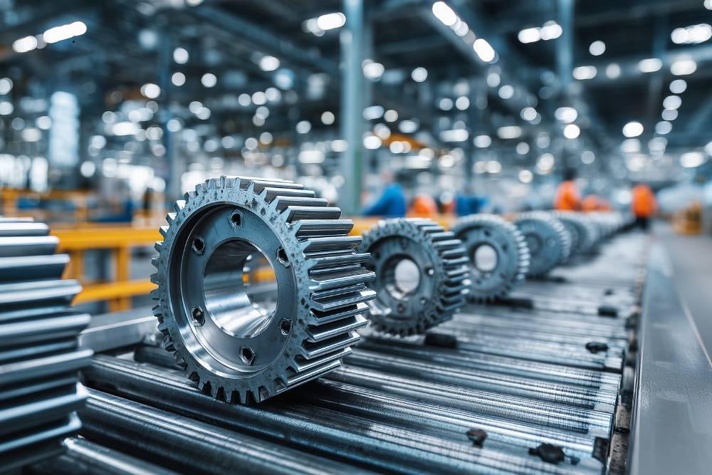 Landing gear components manufacturer facility showing high-strength steel casting and machining operations