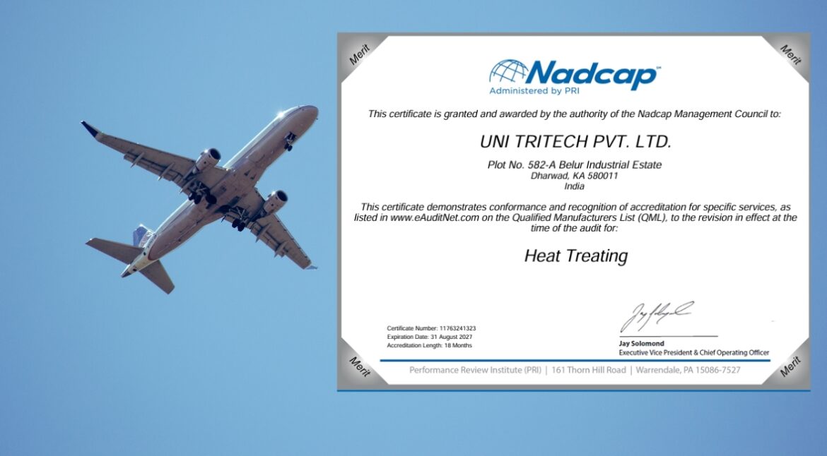NADCAP certification aerospace — Uni Tritech four-scope accredited foundry displaying NADCAP certificates in quality lab