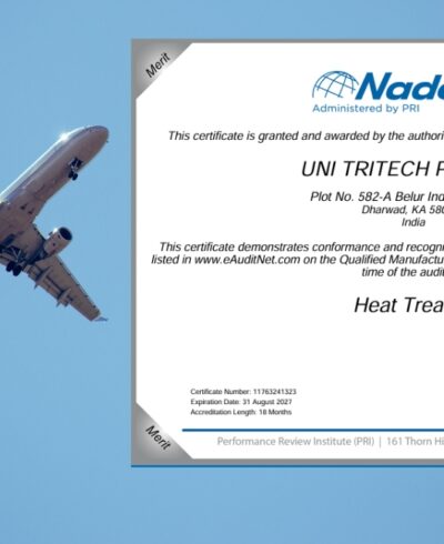 NADCAP certification aerospace — Uni Tritech four-scope accredited foundry displaying NADCAP certificates in quality lab